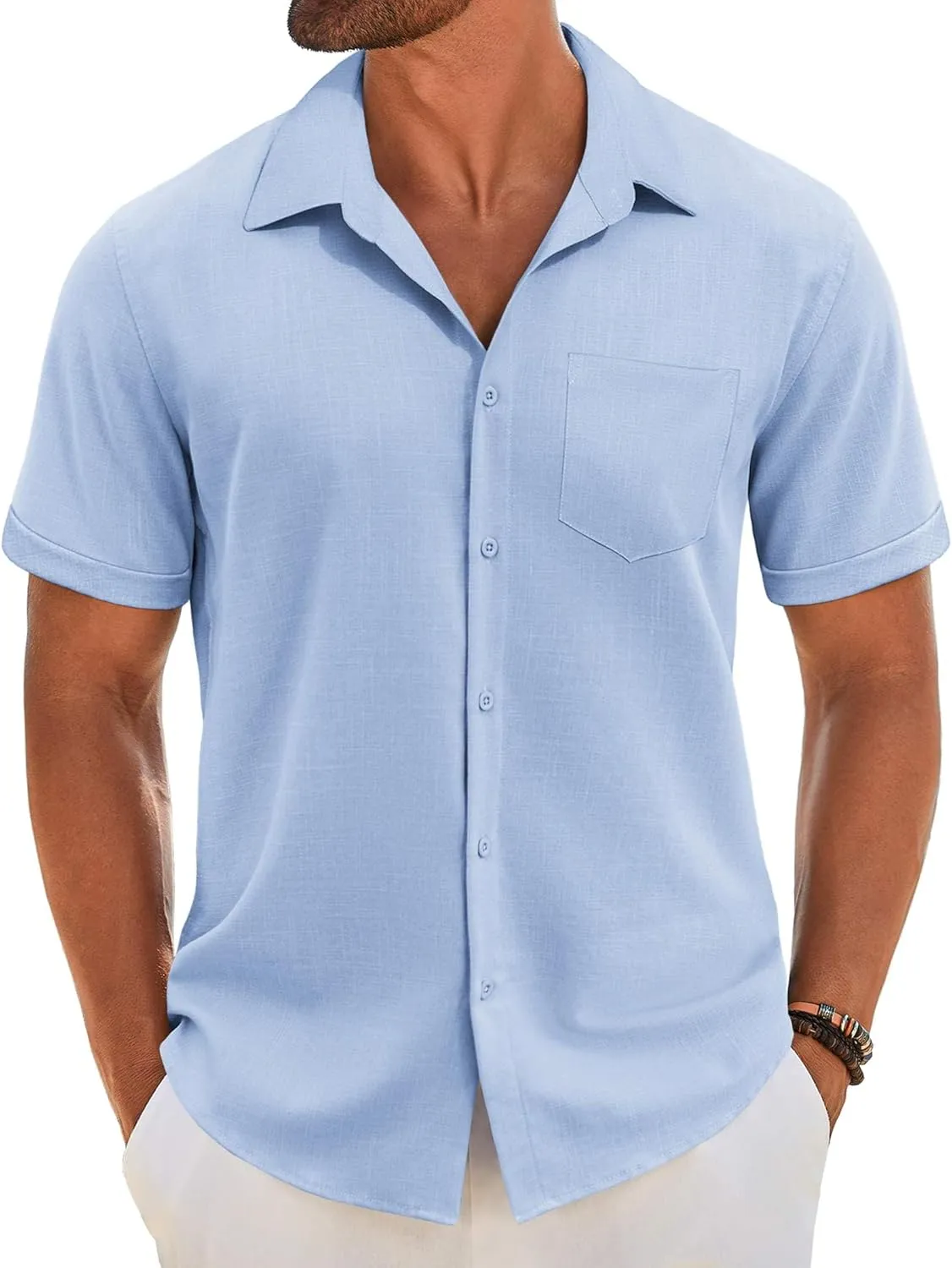 COOFANDY Men's Short Sleeve Button Down Shirt Casual Linen Shirts Summer Beach Vacation Shirt with Pocket