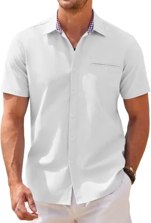 COOFANDY Men's Short Sleeve Oxford Dress Shirt Chambray Button Down Work Shirt Casual Plaid Collar Shirts