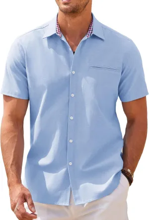 COOFANDY Men's Short Sleeve Oxford Dress Shirt Chambray Button Down Work Shirt Casual Plaid Collar Shirts