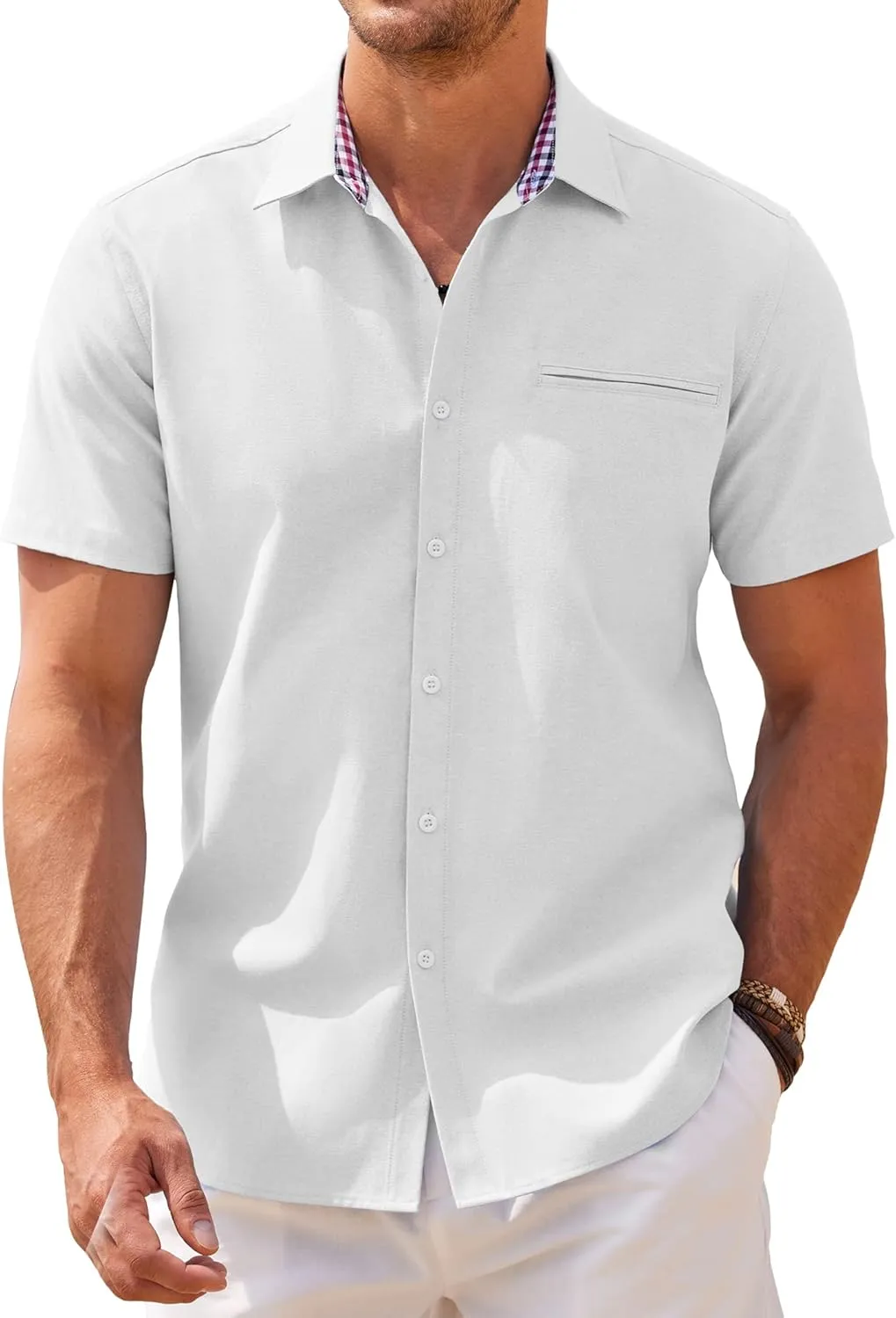 COOFANDY Men's Short Sleeve Oxford Dress Shirt Chambray Button Down Work Shirt Casual Plaid Collar Shirts
