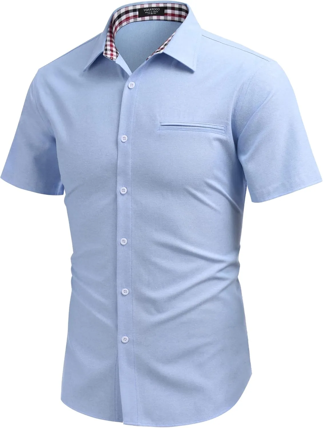 COOFANDY Men's Short Sleeve Oxford Dress Shirt Chambray Button Down Work Shirt Casual Plaid Collar Shirts