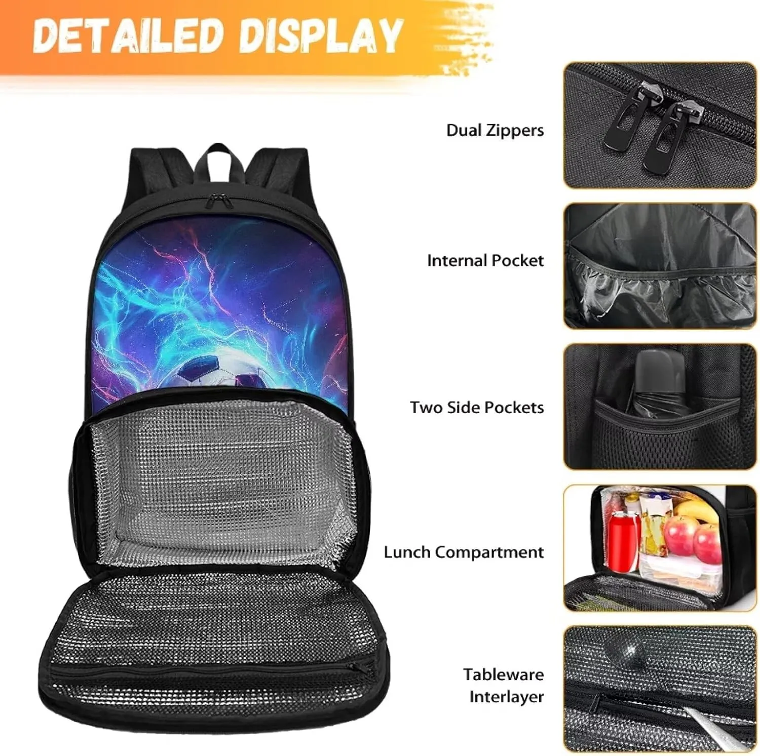 Cooler Backpack with Lunch Compartment, Blue and Purple Lightning Football Backpack with Insulated Warm Bag for Men Women School Work, Picnics, Hiking, Park or Day Trips