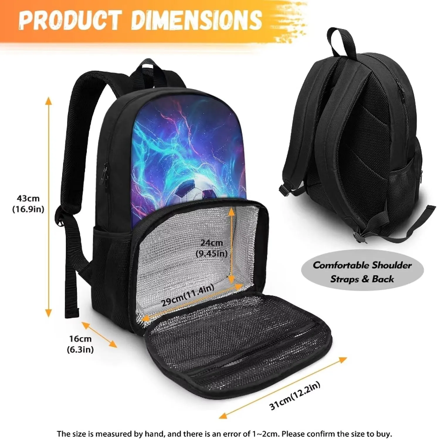 Cooler Backpack with Lunch Compartment, Blue and Purple Lightning Football Backpack with Insulated Warm Bag for Men Women School Work, Picnics, Hiking, Park or Day Trips