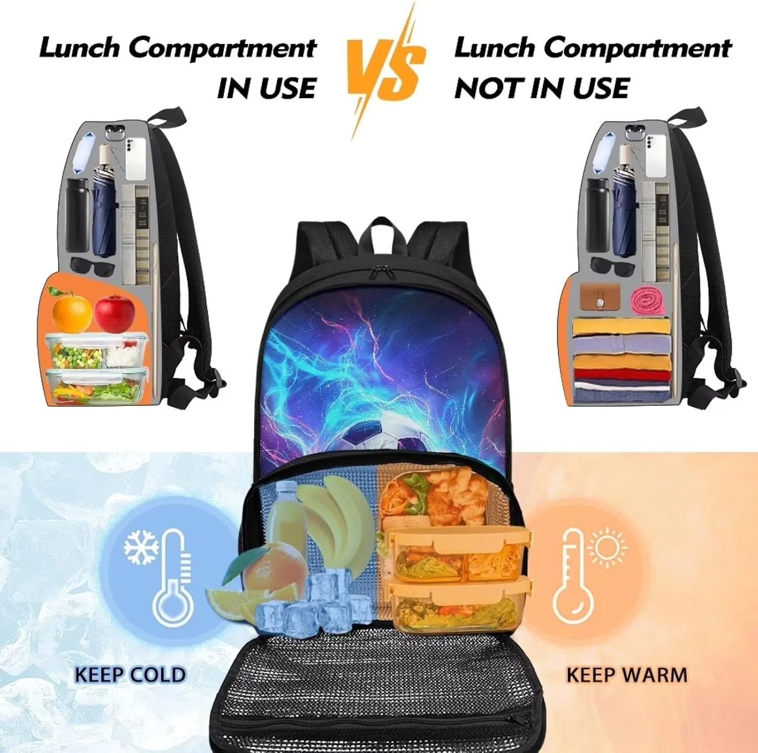 Cooler Backpack with Lunch Compartment, Blue and Purple Lightning Football Backpack with Insulated Warm Bag for Men Women School Work, Picnics, Hiking, Park or Day Trips