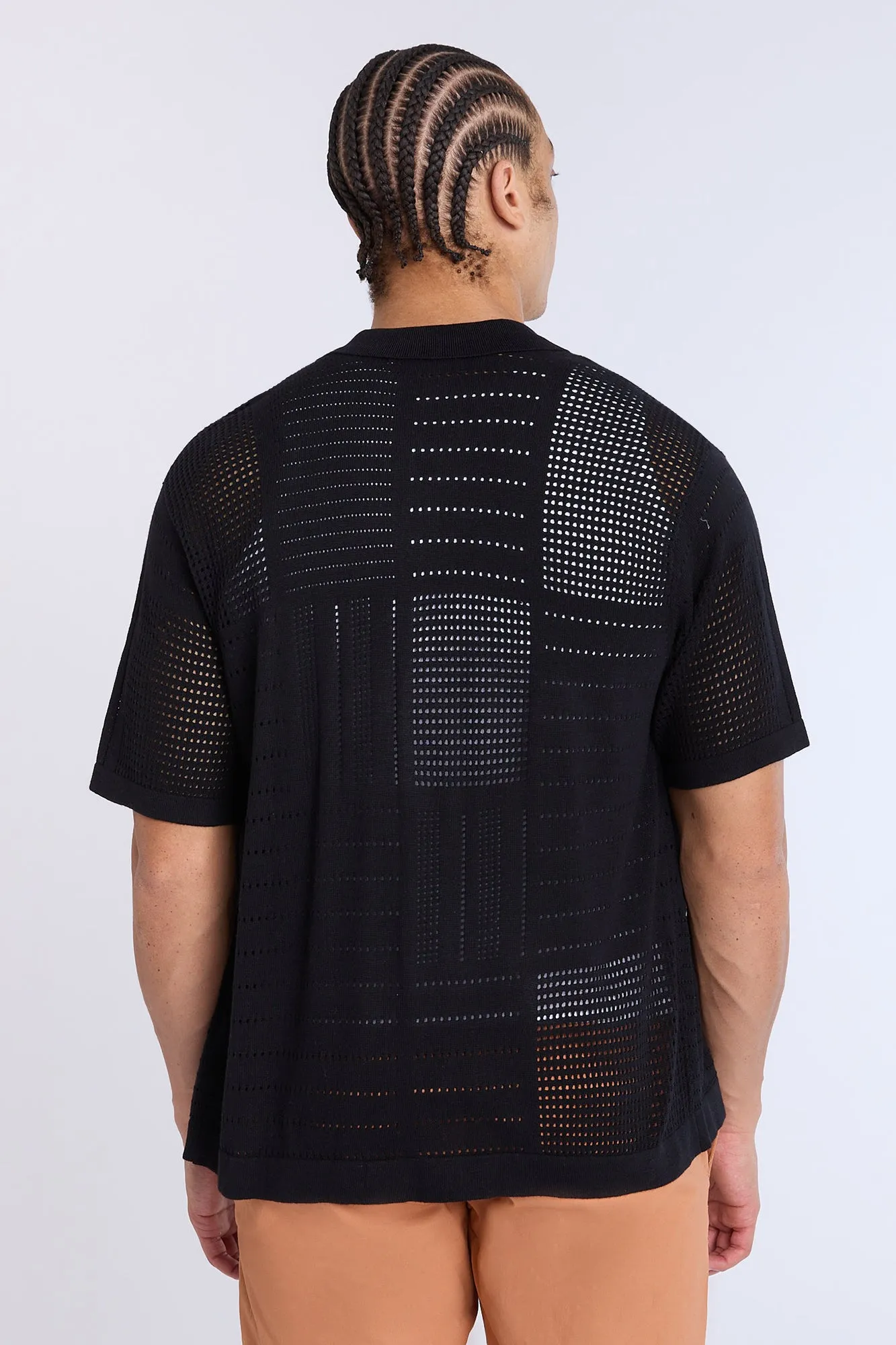 Cotton-Blend Button-Up Short Sleeve Eyelet Knit Shirt