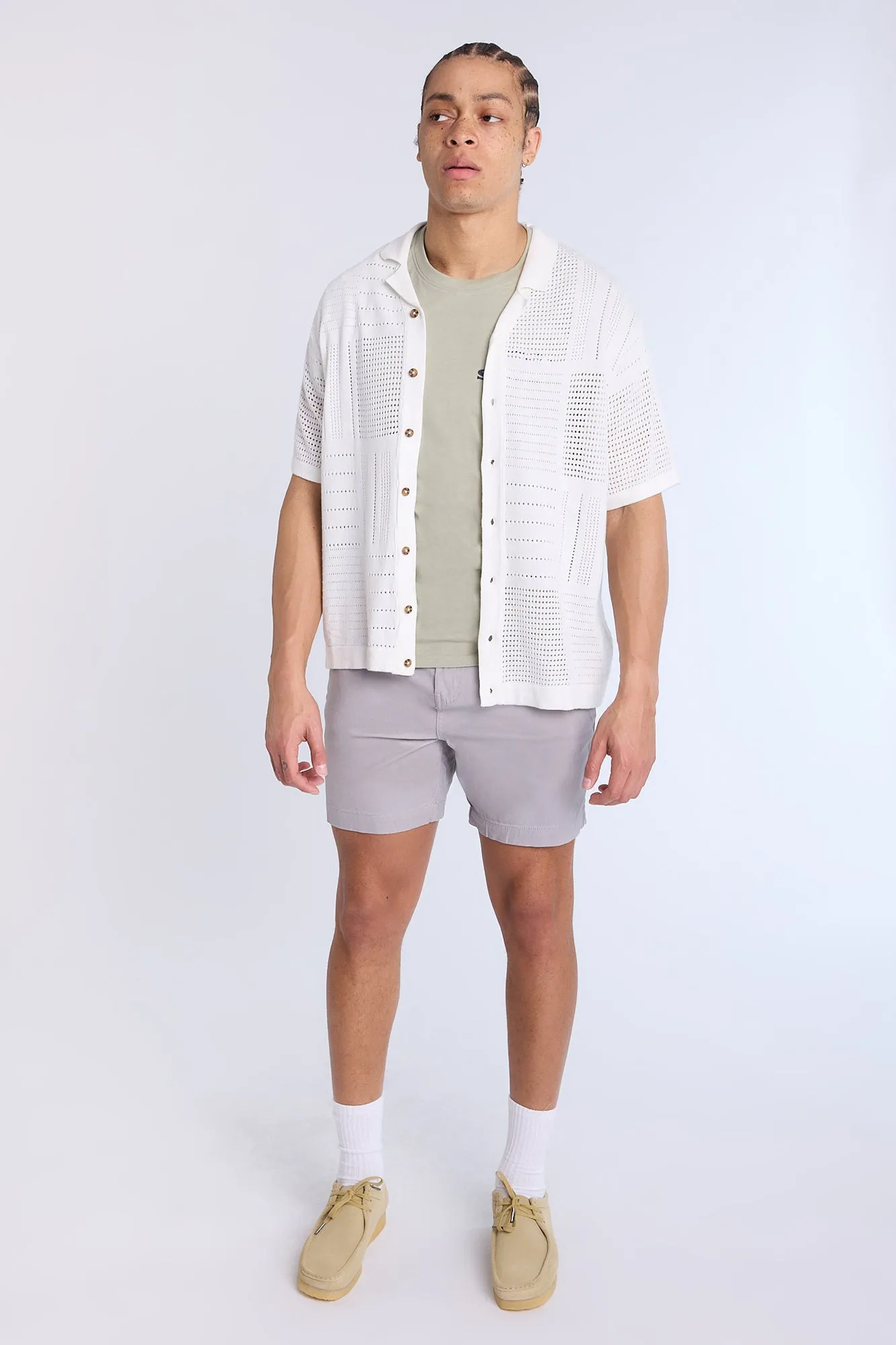 Cotton-Blend Button-Up Short Sleeve Eyelet Knit Shirt