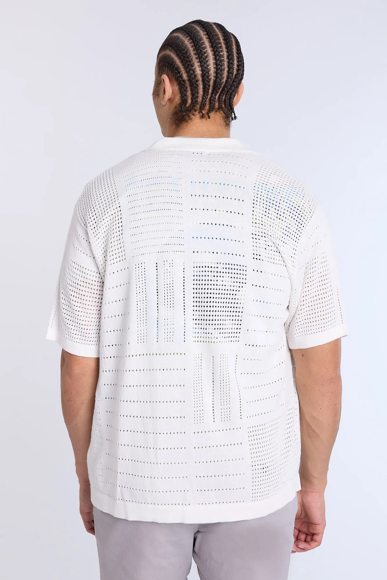 Cotton-Blend Button-Up Short Sleeve Eyelet Knit Shirt