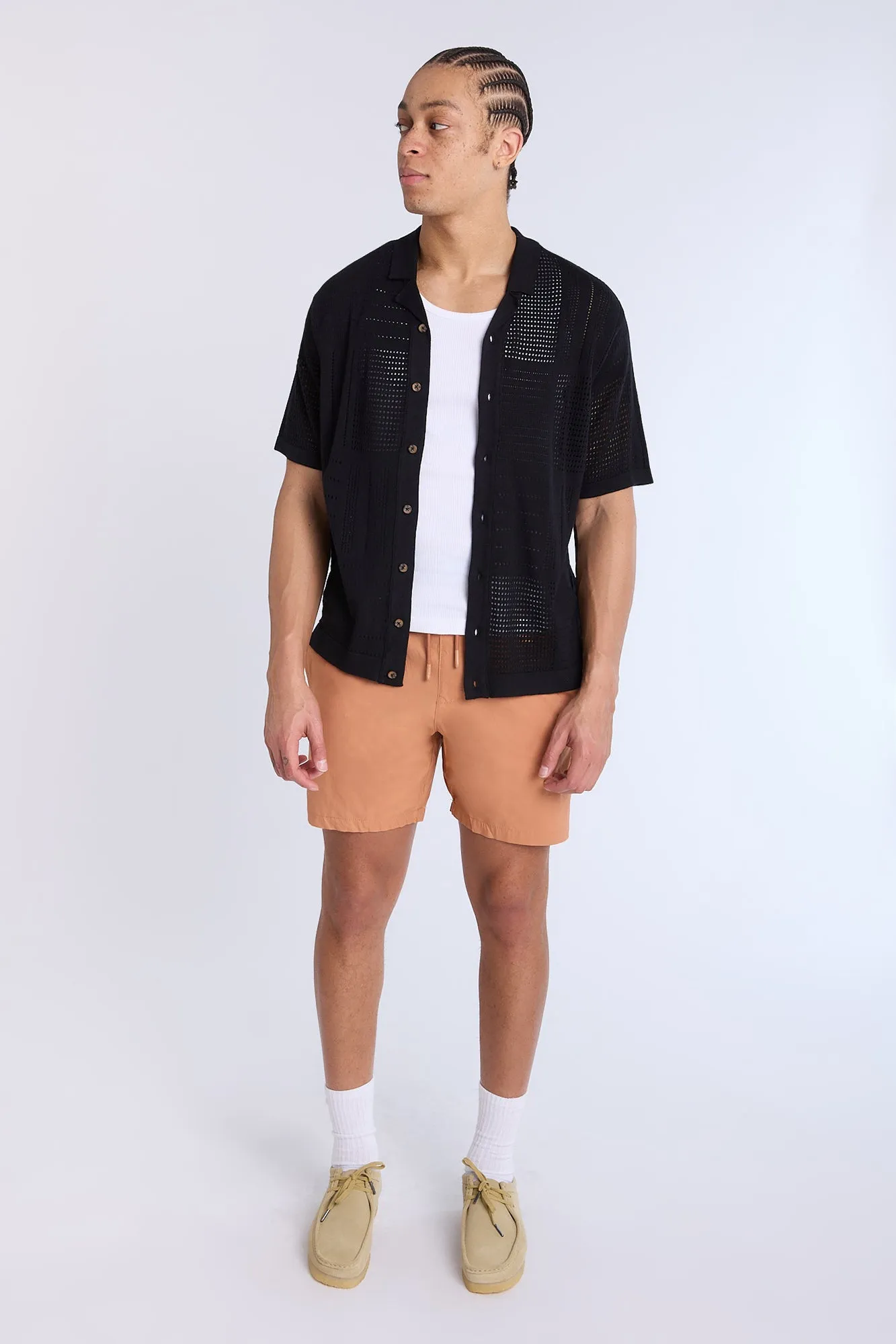 Cotton-Blend Button-Up Short Sleeve Eyelet Knit Shirt