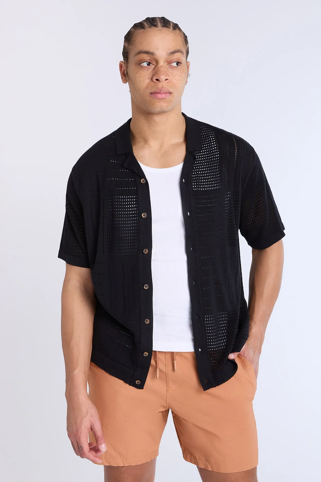 Cotton-Blend Button-Up Short Sleeve Eyelet Knit Shirt