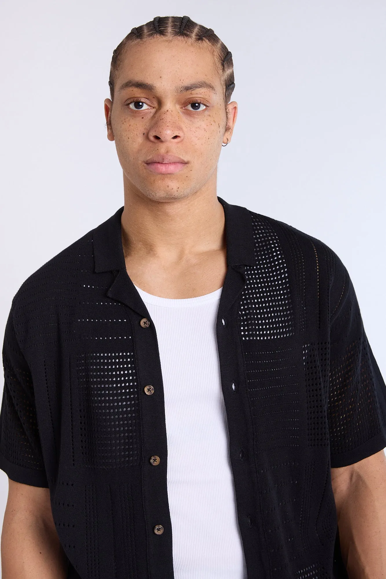 Cotton-Blend Button-Up Short Sleeve Eyelet Knit Shirt
