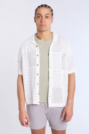 Cotton-Blend Button-Up Short Sleeve Eyelet Knit Shirt