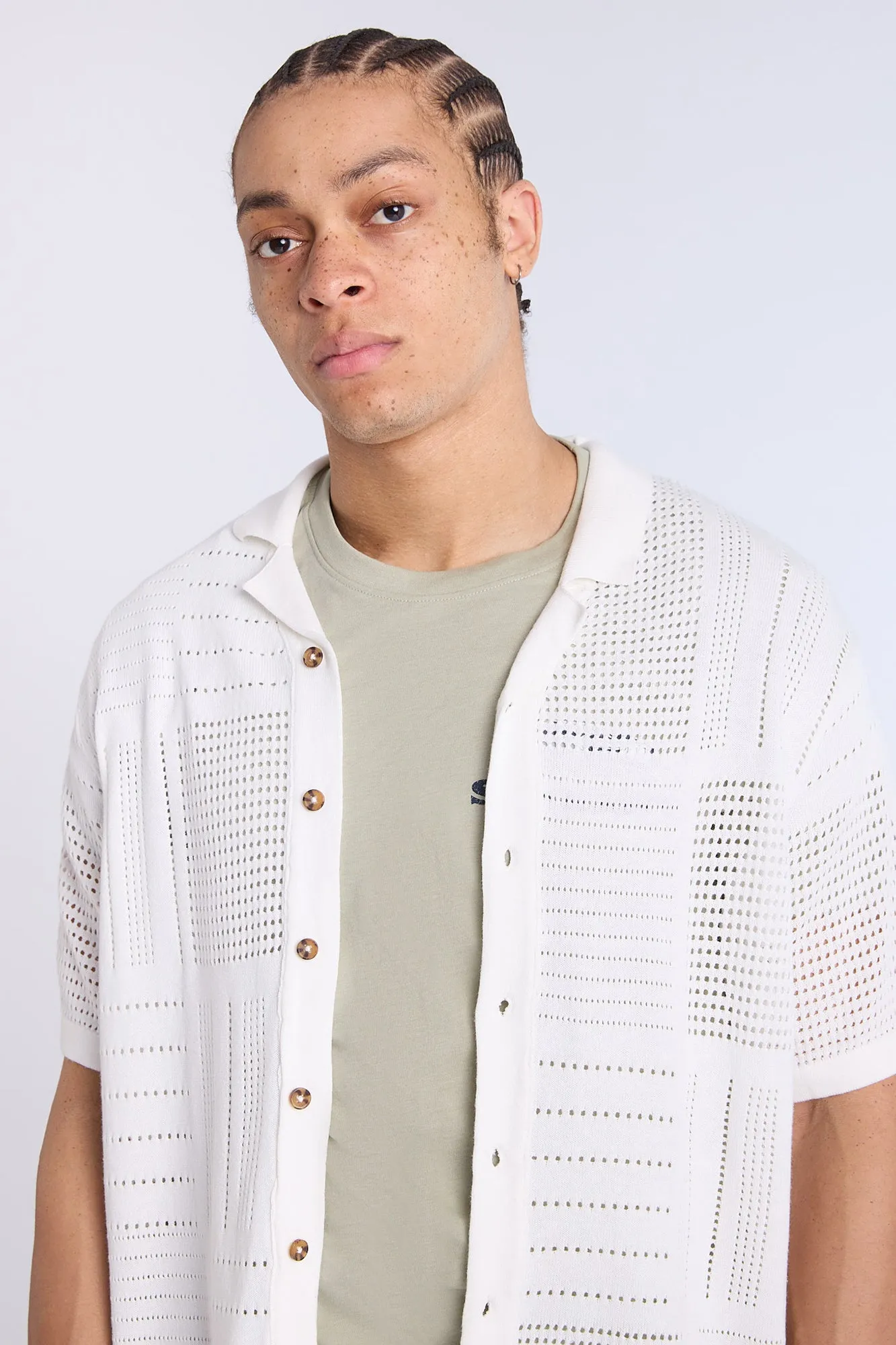 Cotton-Blend Button-Up Short Sleeve Eyelet Knit Shirt