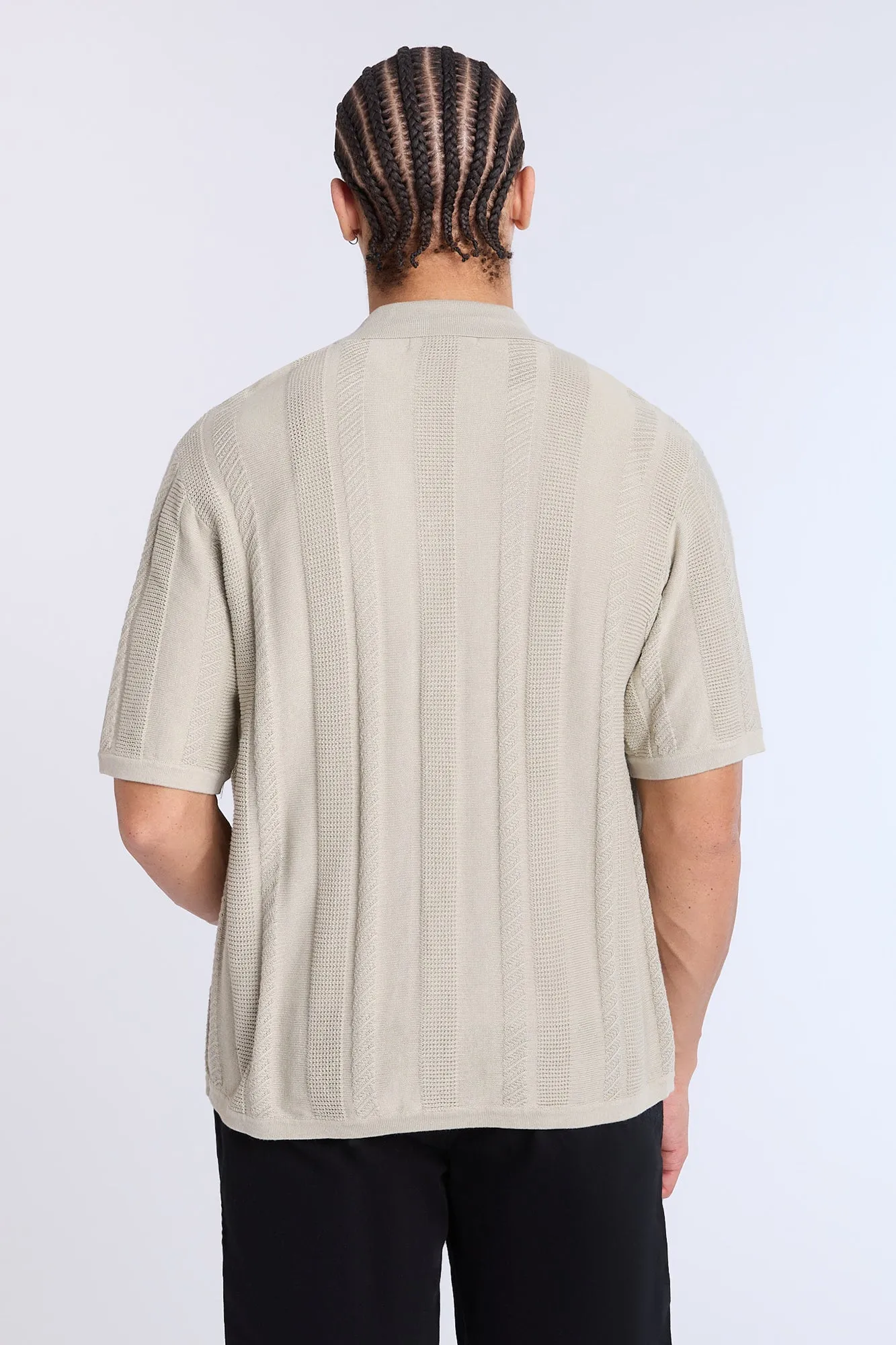 Cotton-Blend Button-Up Short Sleeve Textured Knit Shirt