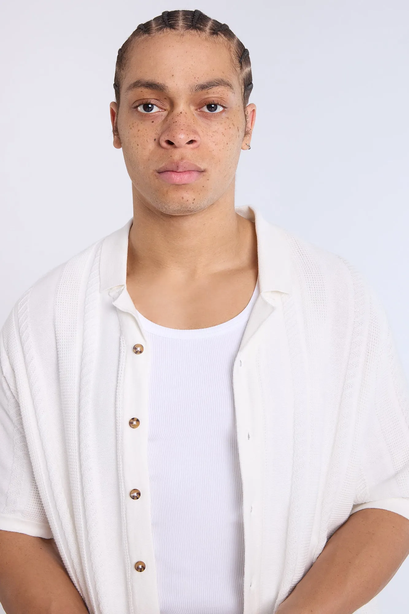 Cotton-Blend Button-Up Short Sleeve Textured Knit Shirt