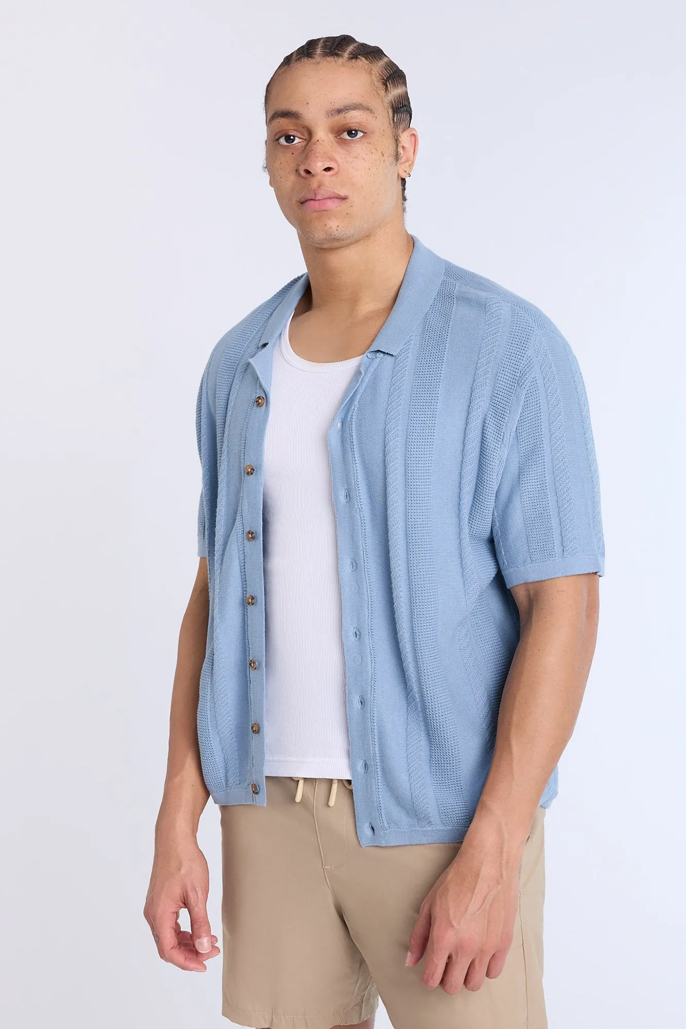 Cotton-Blend Button-Up Short Sleeve Textured Knit Shirt
