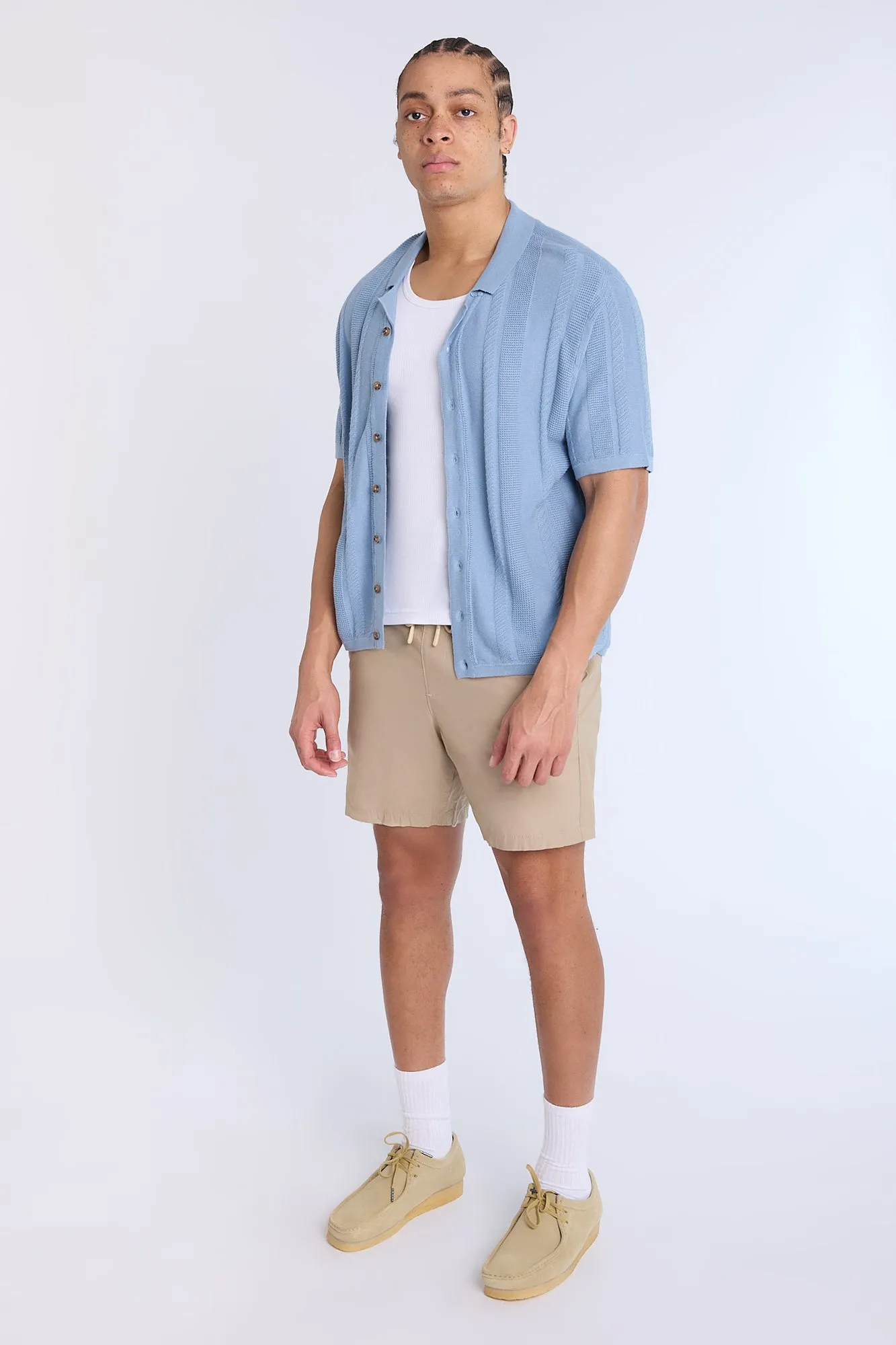 Cotton-Blend Button-Up Short Sleeve Textured Knit Shirt