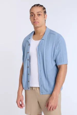 Cotton-Blend Button-Up Short Sleeve Textured Knit Shirt