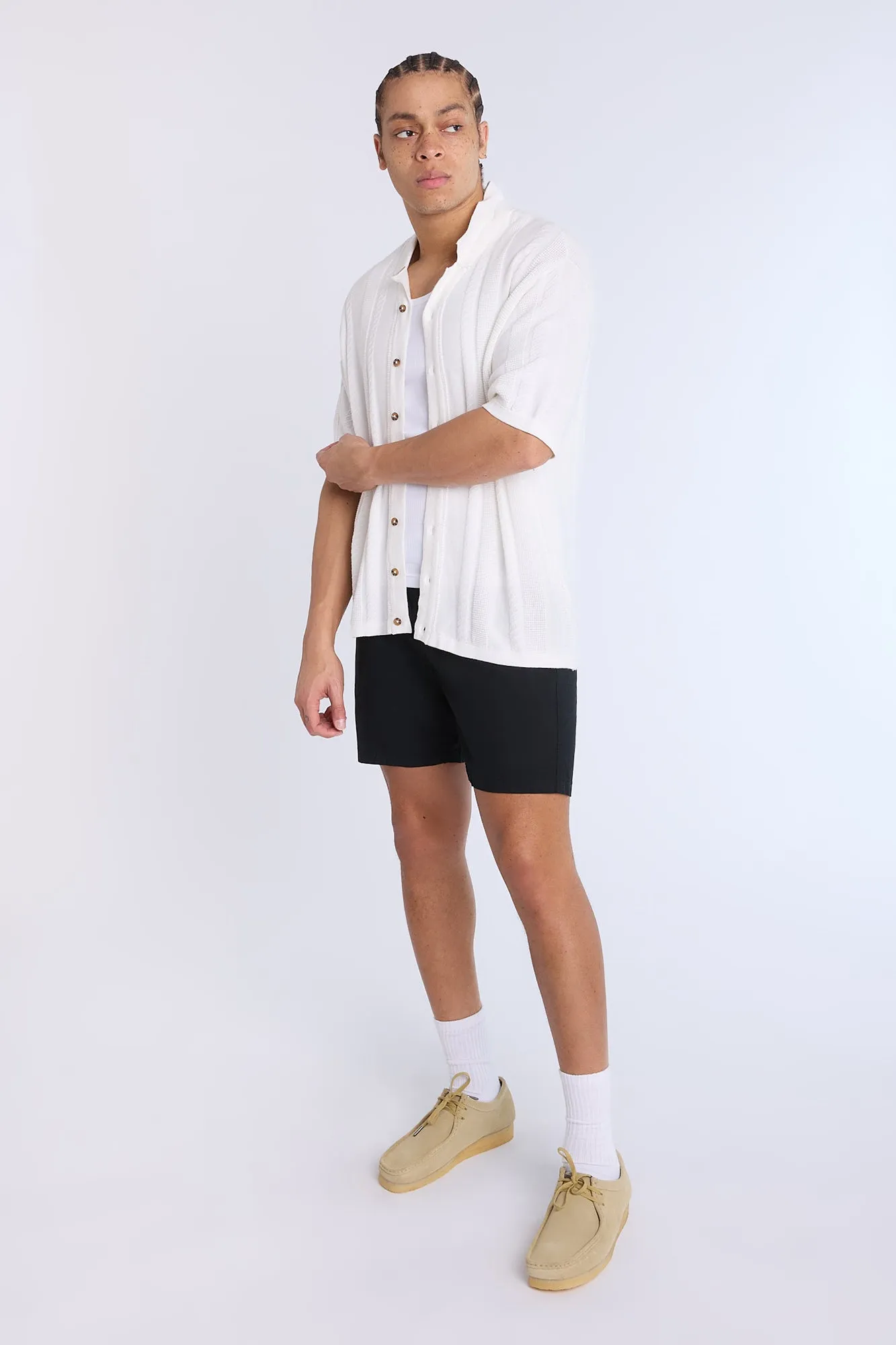 Cotton-Blend Button-Up Short Sleeve Textured Knit Shirt