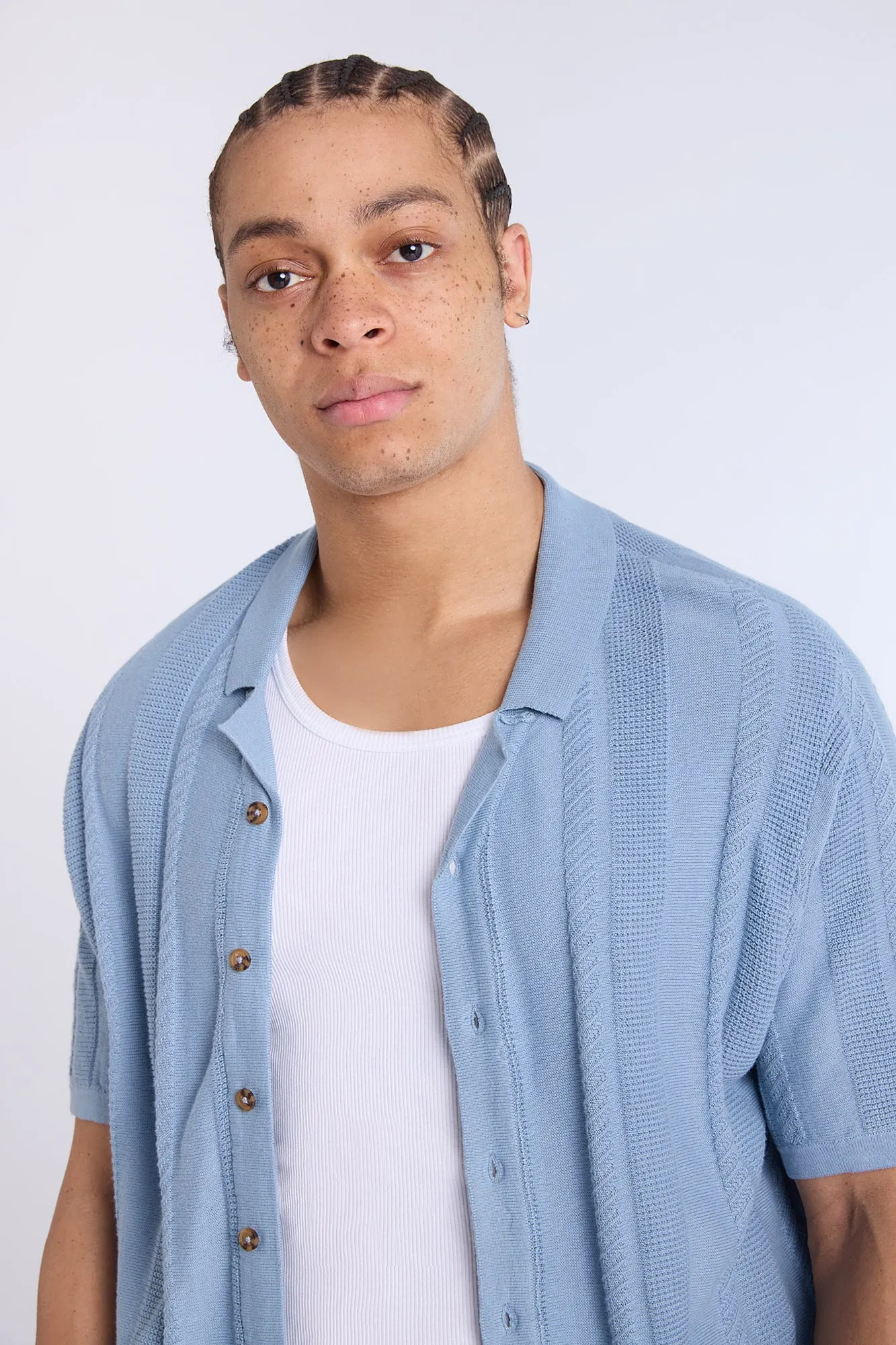 Cotton-Blend Button-Up Short Sleeve Textured Knit Shirt