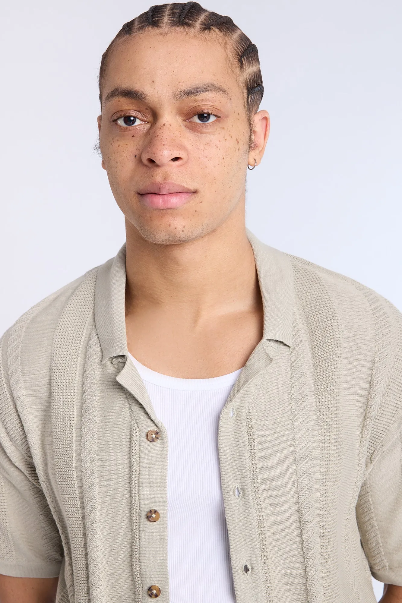 Cotton-Blend Button-Up Short Sleeve Textured Knit Shirt