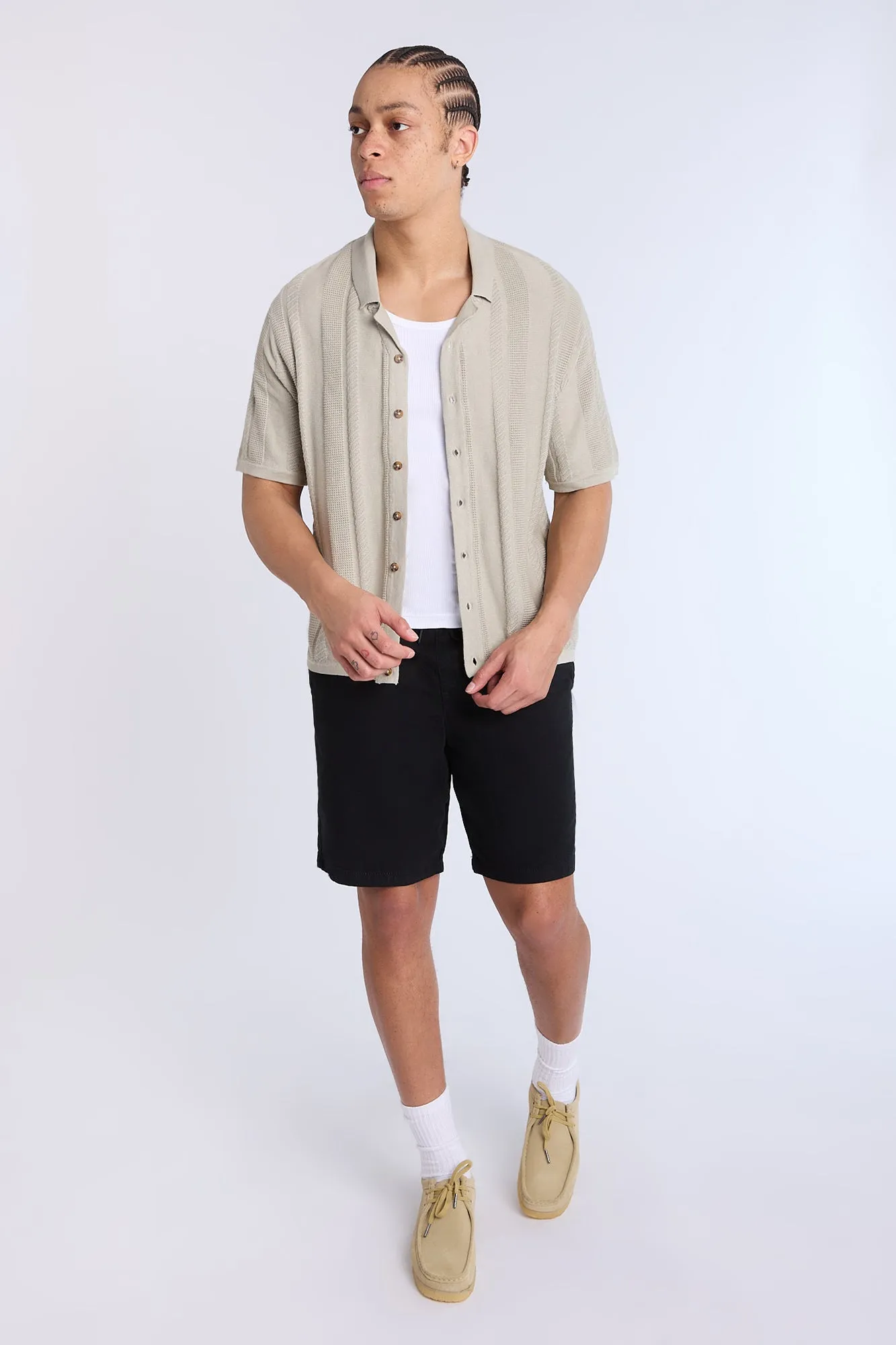 Cotton-Blend Button-Up Short Sleeve Textured Knit Shirt
