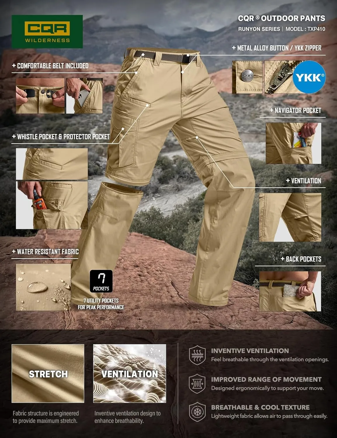 CQR Men's Convertible Cargo Tactical Pants, Water Resistant Outdoor Hiking Pants, Zip Off Lightweight Stretch Work Pants