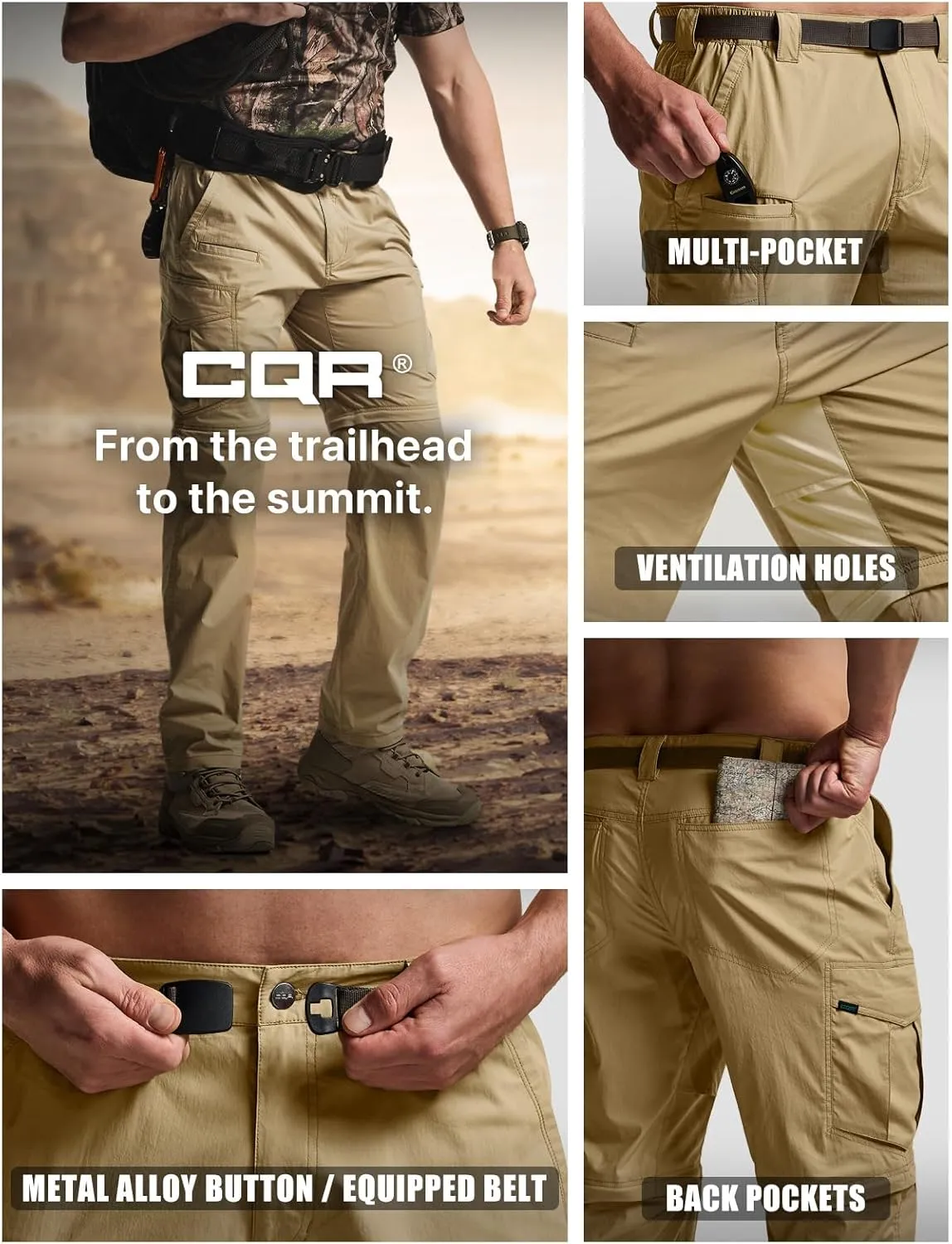 CQR Men's Convertible Cargo Tactical Pants, Water Resistant Outdoor Hiking Pants, Zip Off Lightweight Stretch Work Pants