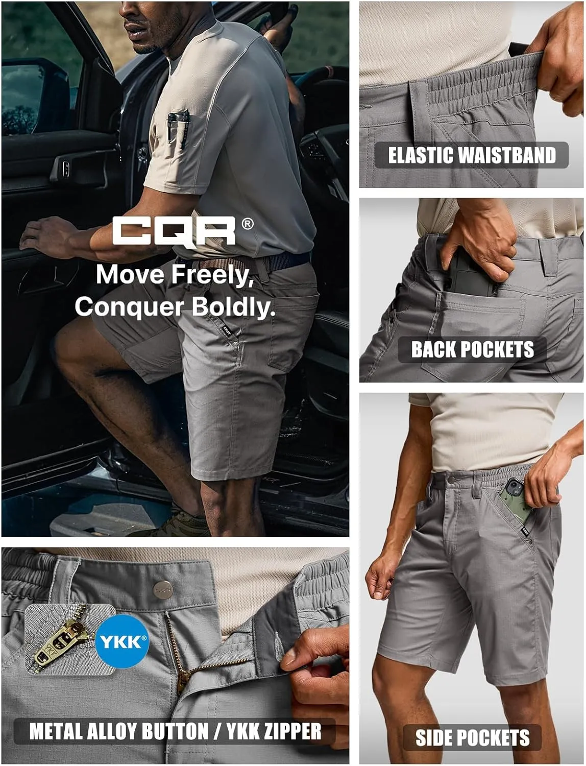 CQR Men's Flex Casual Cargo Shorts, Lightweight Water Resistant Golf Shorts, Stretch Tactical Work Shorts with Multi-Pocket