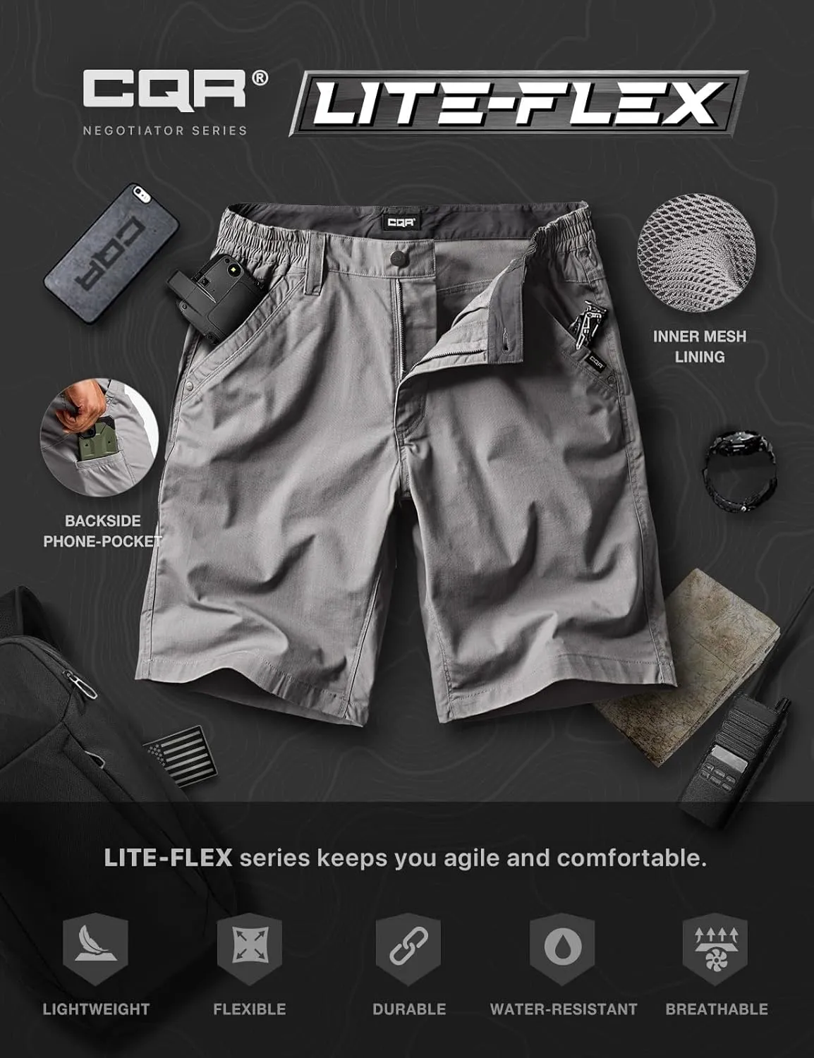 CQR Men's Flex Casual Cargo Shorts, Lightweight Water Resistant Golf Shorts, Stretch Tactical Work Shorts with Multi-Pocket