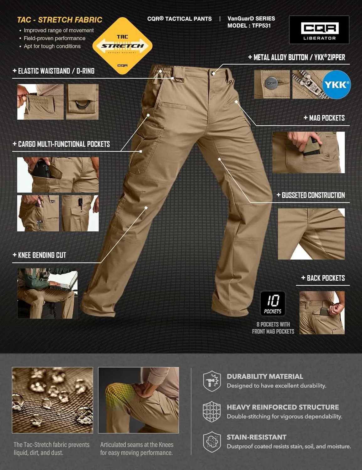 CQR Men's Flex Stretch Tactical Pants, Water Resistant Ripstop Cargo Pants, Lightweight EDC Outdoor Work Hiking Pants