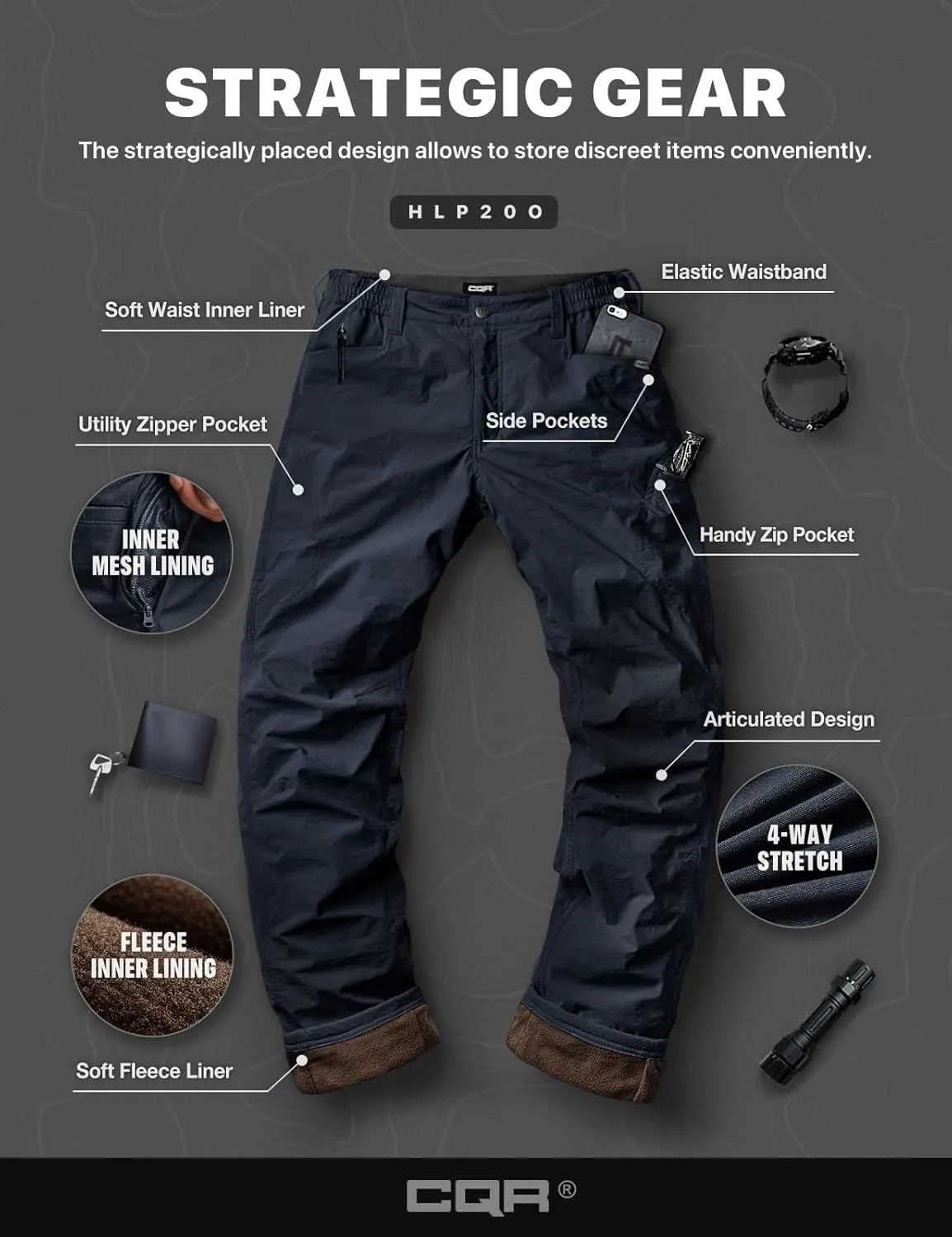 CQR Men's Winter Fleece Lined Pants, Water-Resistant Outdoor Stretch Work Pants, Windproof Casual Pants with Pockets