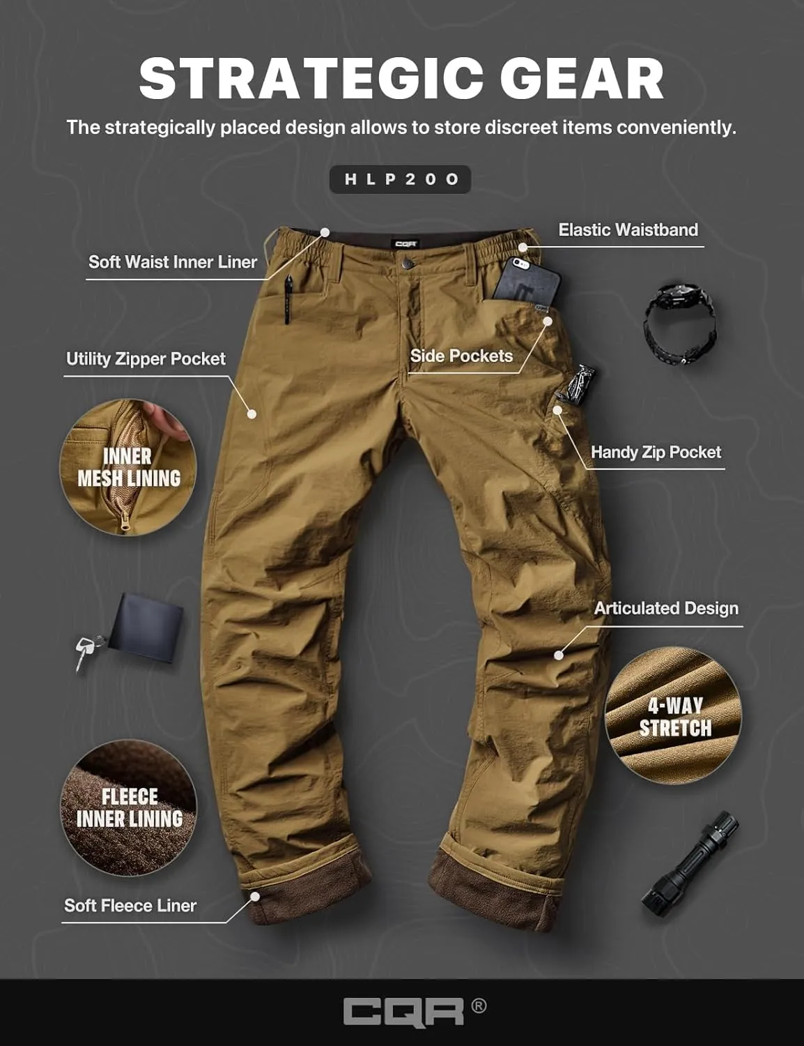 CQR Men's Winter Fleece Lined Pants, Water-Resistant Outdoor Stretch Work Pants, Windproof Casual Pants with Pockets