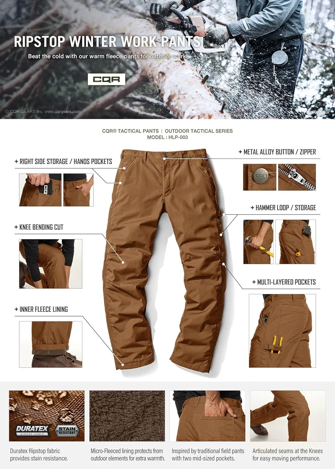 CQR Men's Winter Fleece Lined Pants, Water-Resistant Outdoor Stretch Work Pants, Windproof Casual Pants with Pockets