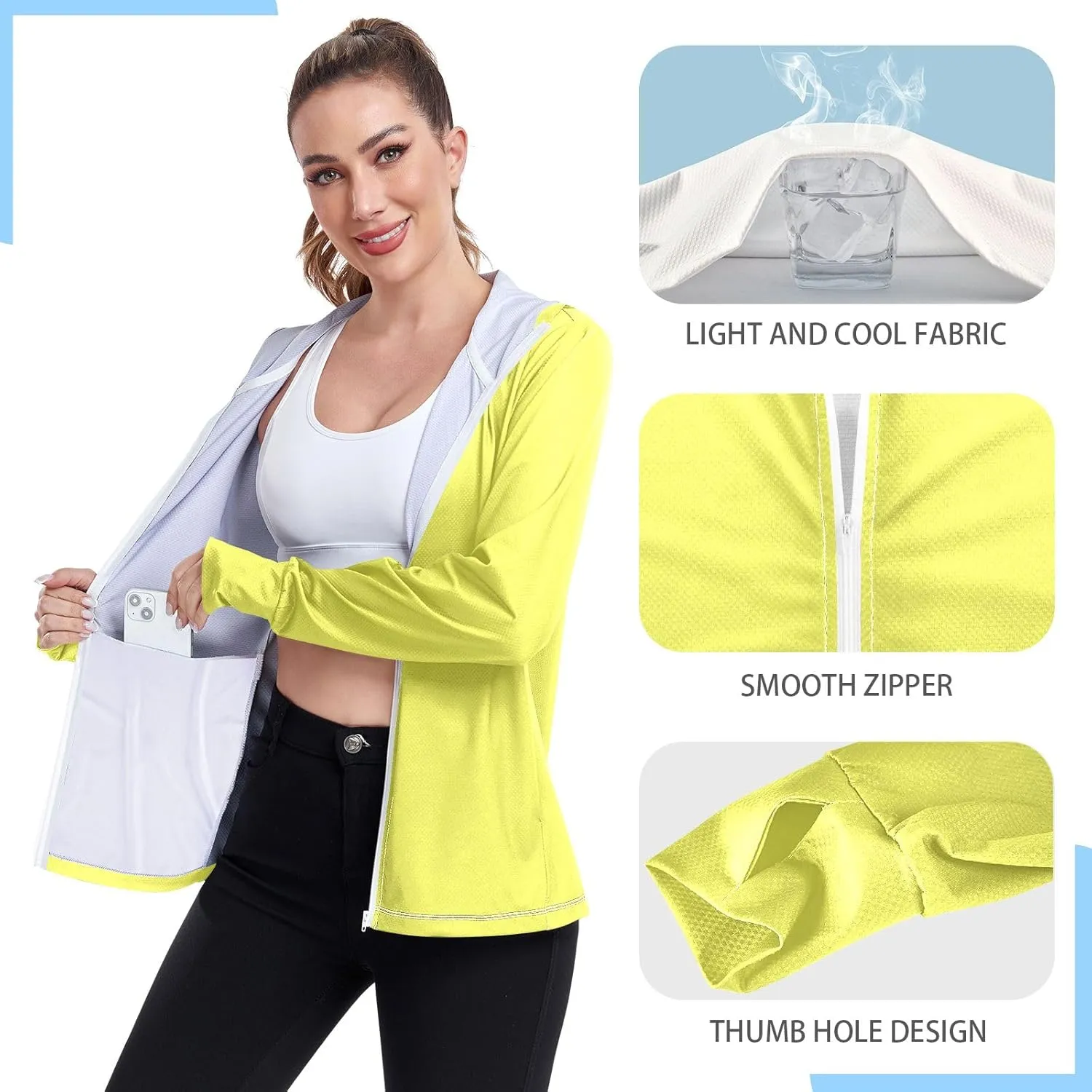 Cream Womens UPF Hoodie UPF 50  Sun Protection Jacket Hooded Women's Hoodie Zip Front Rash Guard