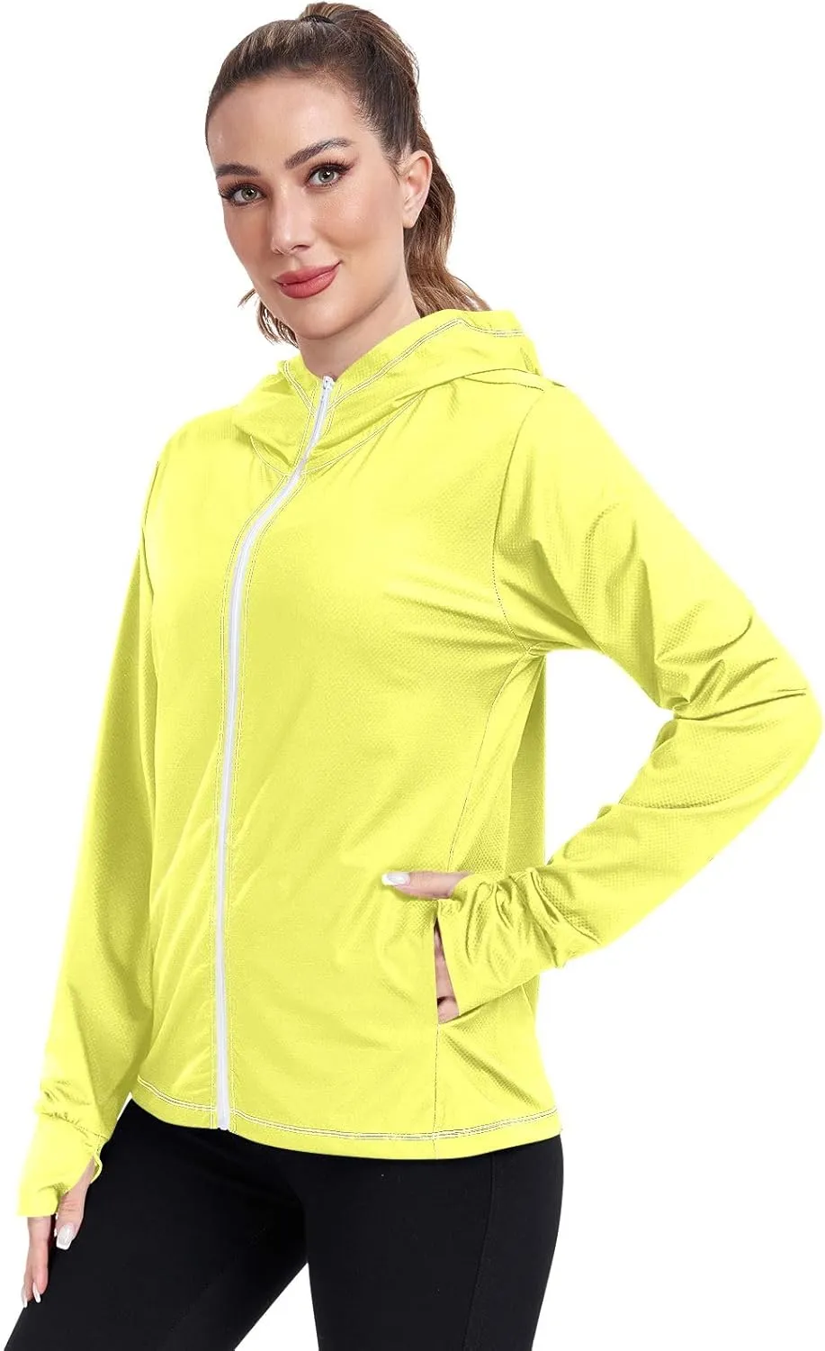 Cream Womens UPF Hoodie UPF 50  Sun Protection Jacket Hooded Women's Hoodie Zip Front Rash Guard