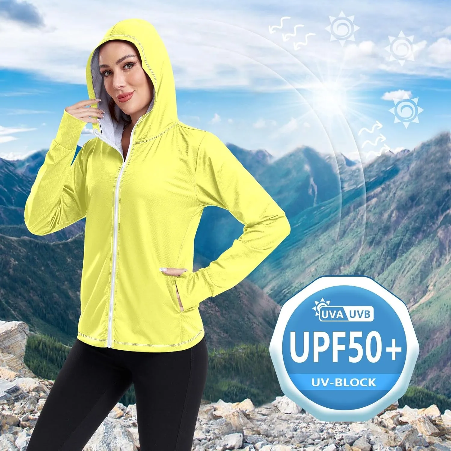 Cream Womens UPF Hoodie UPF 50  Sun Protection Jacket Hooded Women's Hoodie Zip Front Rash Guard