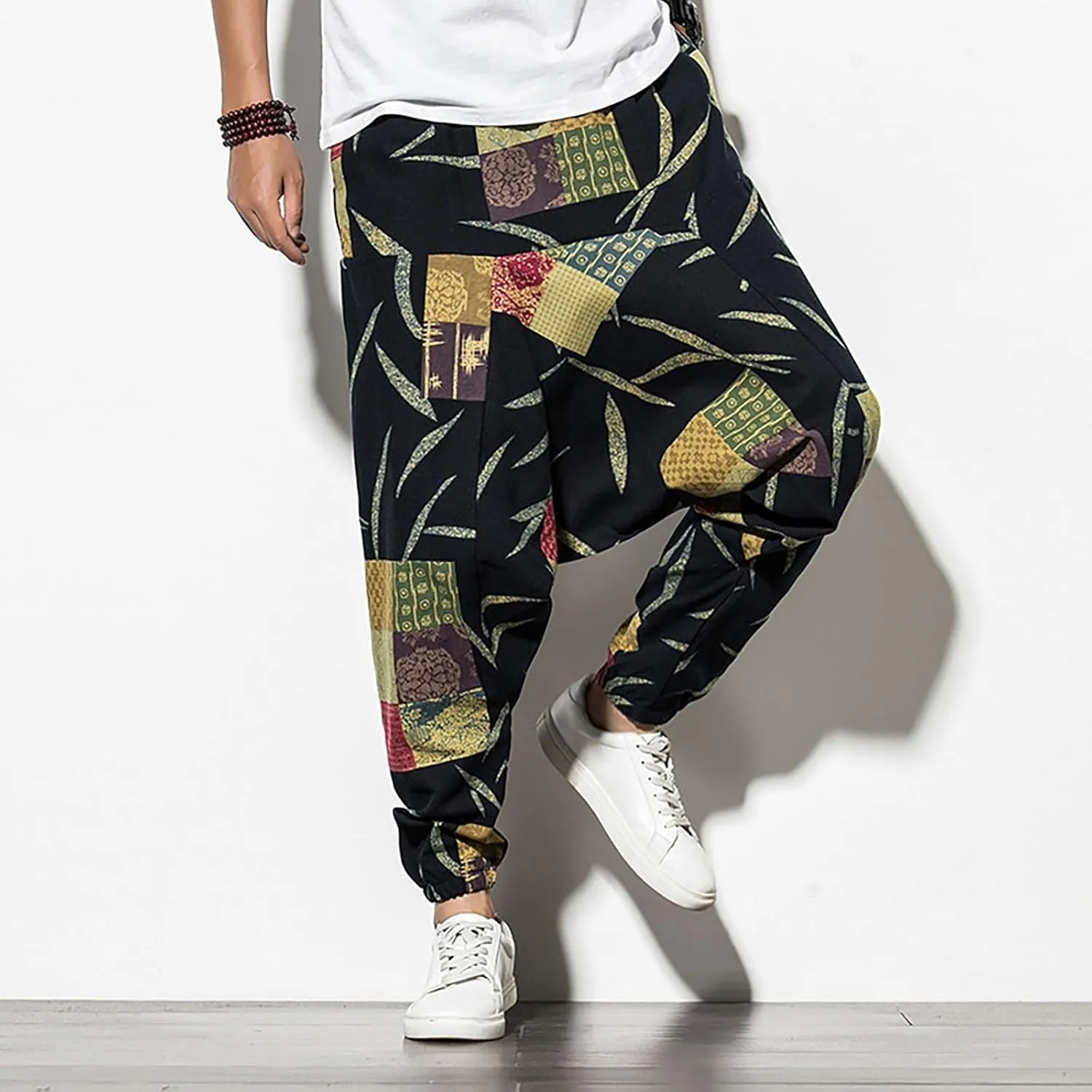 CRNTCEM Mens Printed Harem Pants Straigth Leg Cotton Drop Crotch Atheltic Yoga Trouser Baggy Boho Hippie Pants