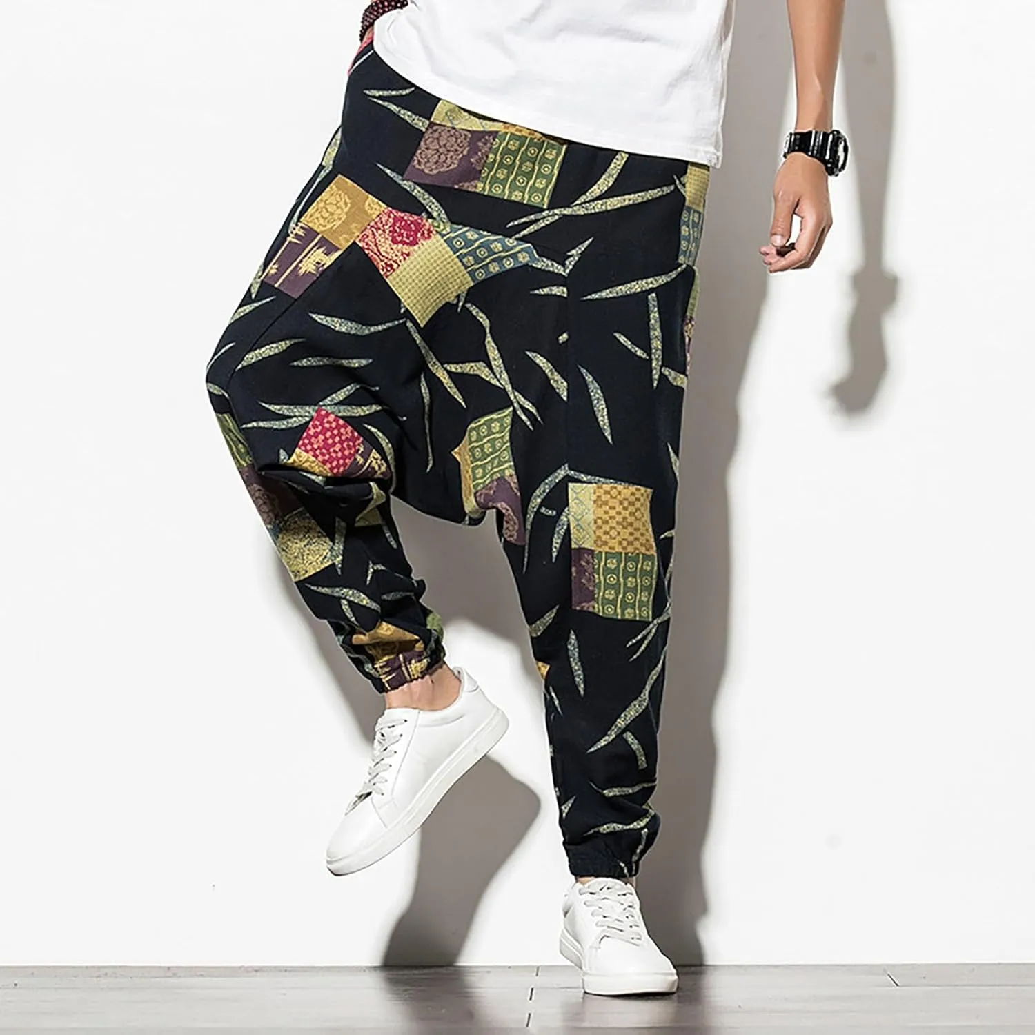 CRNTCEM Mens Printed Harem Pants Straigth Leg Cotton Drop Crotch Atheltic Yoga Trouser Baggy Boho Hippie Pants