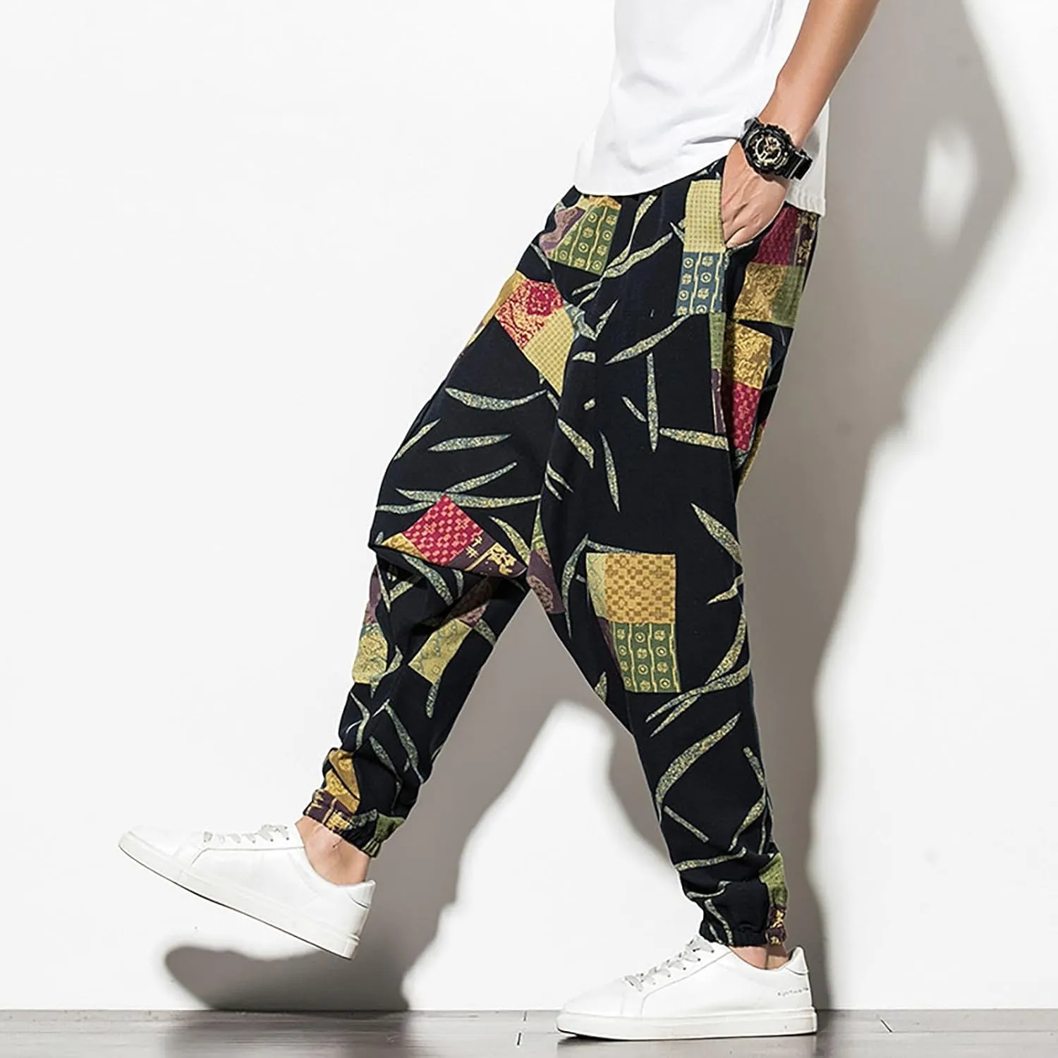 CRNTCEM Mens Printed Harem Pants Straigth Leg Cotton Drop Crotch Atheltic Yoga Trouser Baggy Boho Hippie Pants