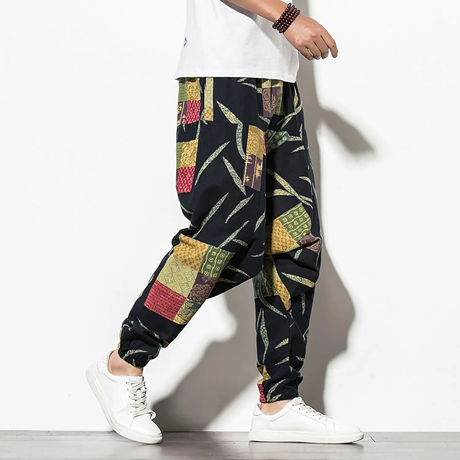 CRNTCEM Mens Printed Harem Pants Straigth Leg Cotton Drop Crotch Atheltic Yoga Trouser Baggy Boho Hippie Pants