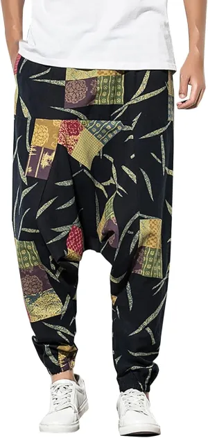 CRNTCEM Mens Printed Harem Pants Straigth Leg Cotton Drop Crotch Atheltic Yoga Trouser Baggy Boho Hippie Pants