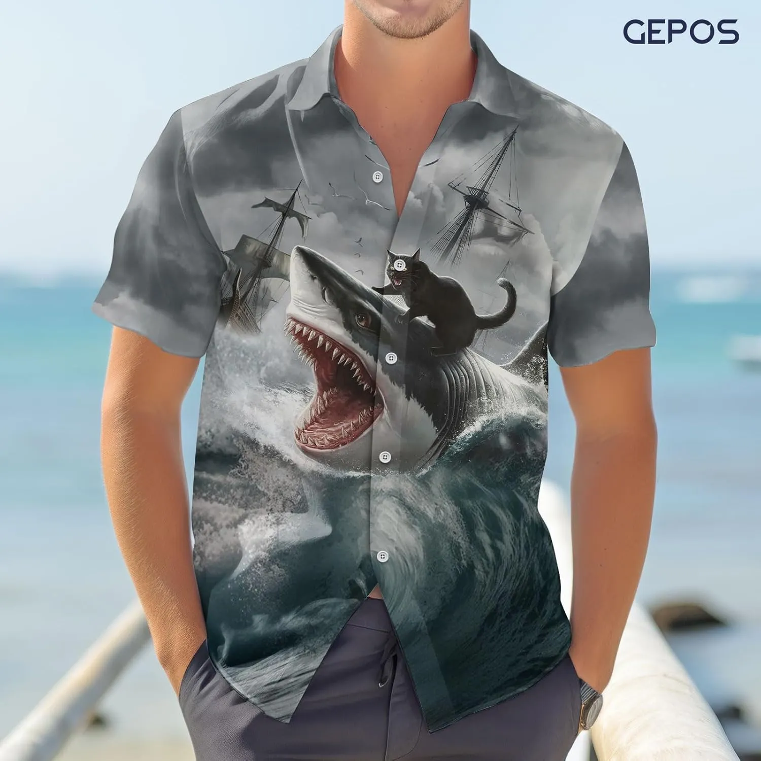 Cute Cat Print Hawaiian Shirt, Vintage Cat Short Sleeve Button Shirt, Summer Gifts, Birthday Gifts