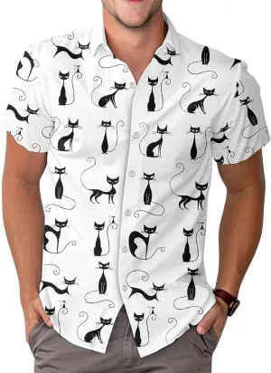 Cute Cat Print Hawaiian Shirt, Vintage Cat Short Sleeve Button Shirt, Summer Gifts, Birthday Gifts