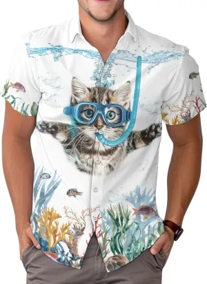 Cute Cat Print Hawaiian Shirt, Vintage Cat Short Sleeve Button Shirt, Summer Gifts, Birthday Gifts