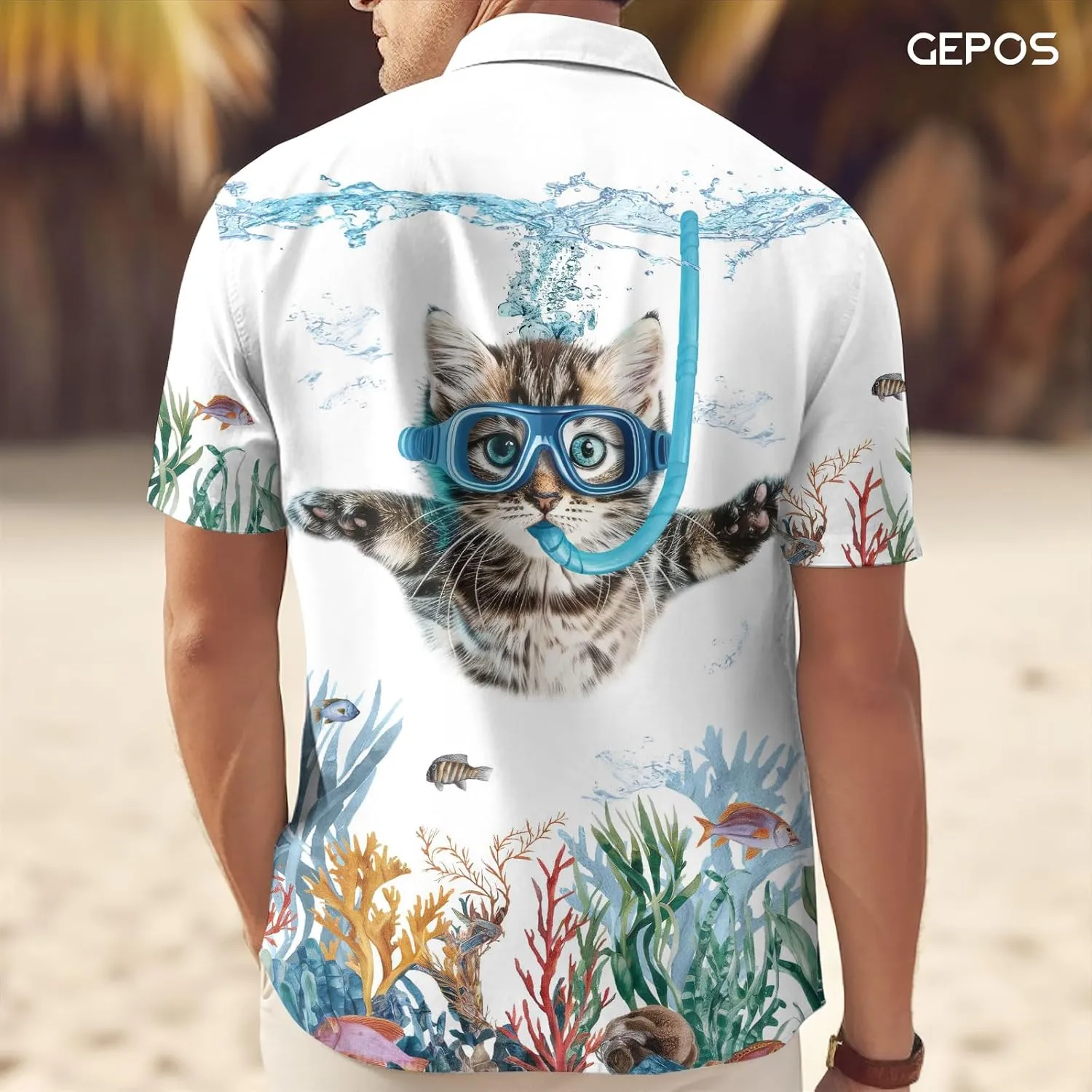Cute Cat Print Hawaiian Shirt, Vintage Cat Short Sleeve Button Shirt, Summer Gifts, Birthday Gifts