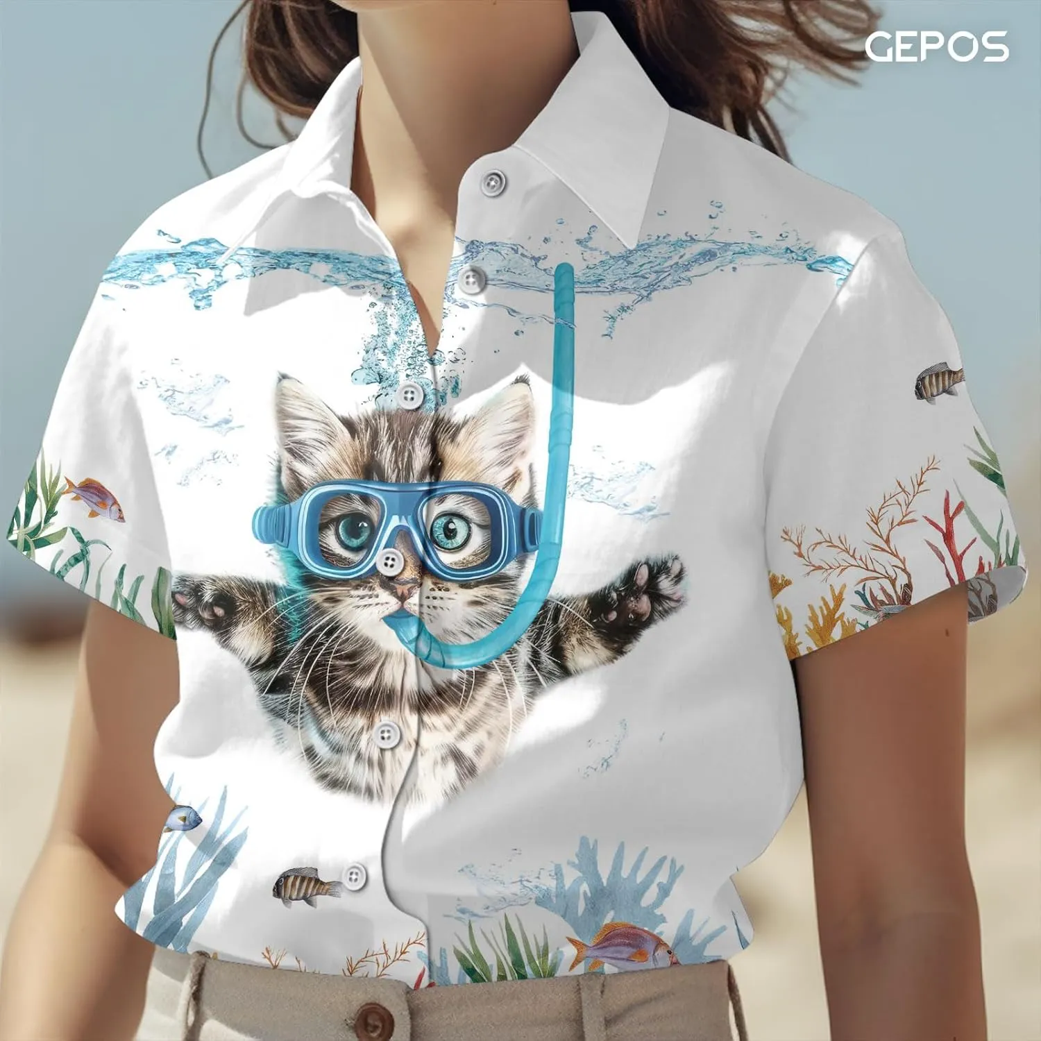 Cute Cat Print Hawaiian Shirt, Vintage Cat Short Sleeve Button Shirt, Summer Gifts, Birthday Gifts