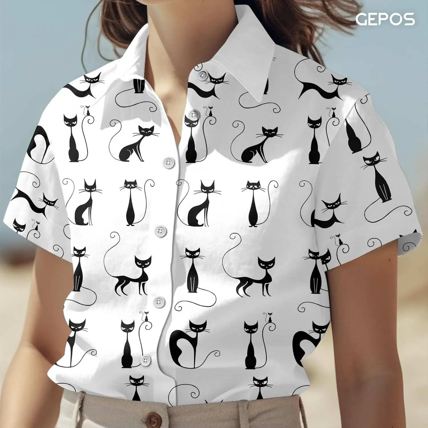 Cute Cat Print Hawaiian Shirt, Vintage Cat Short Sleeve Button Shirt, Summer Gifts, Birthday Gifts