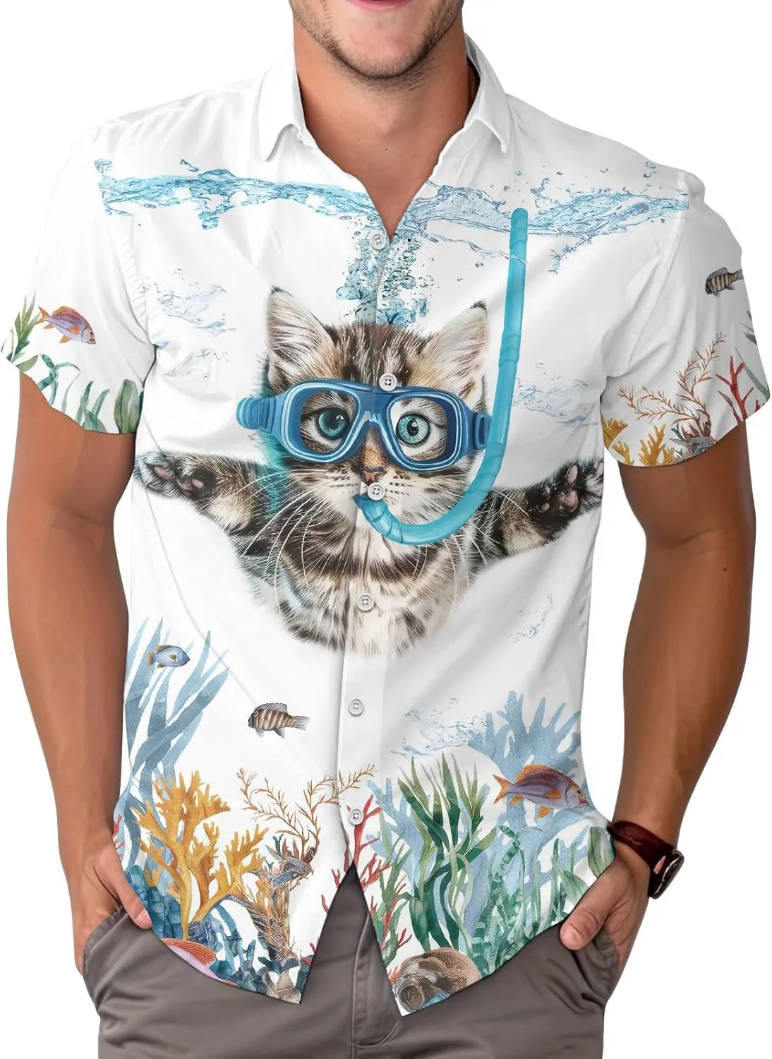 Cute Cat Print Hawaiian Shirt, Vintage Cat Short Sleeve Button Shirt, Summer Gifts, Birthday Gifts