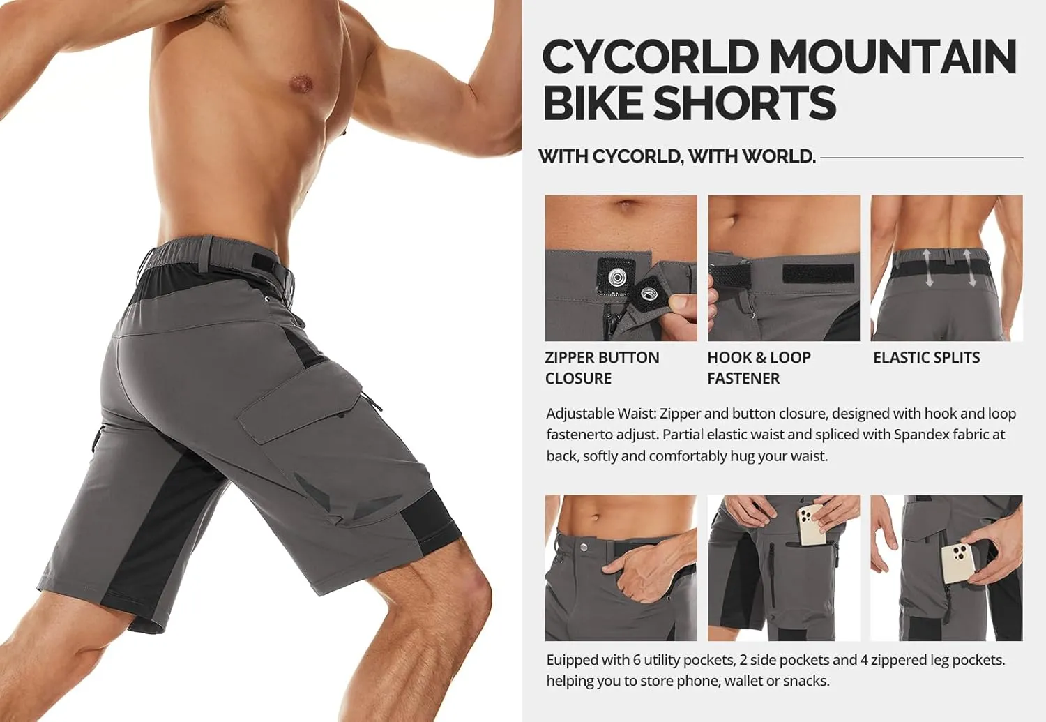 Cycorld Mens-Mountain-Bike-Shorts, Cycling, Hiking, Cargo, Outdoor Shorts