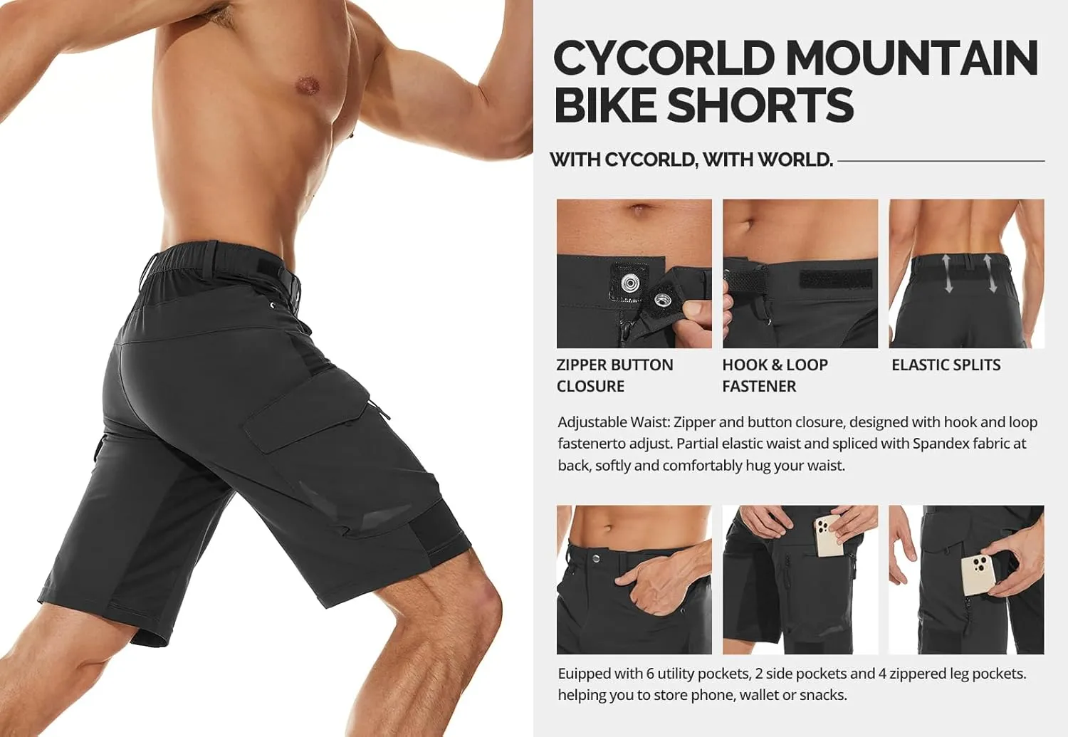 Cycorld Mens-Mountain-Bike-Shorts, Cycling, Hiking, Cargo, Outdoor Shorts
